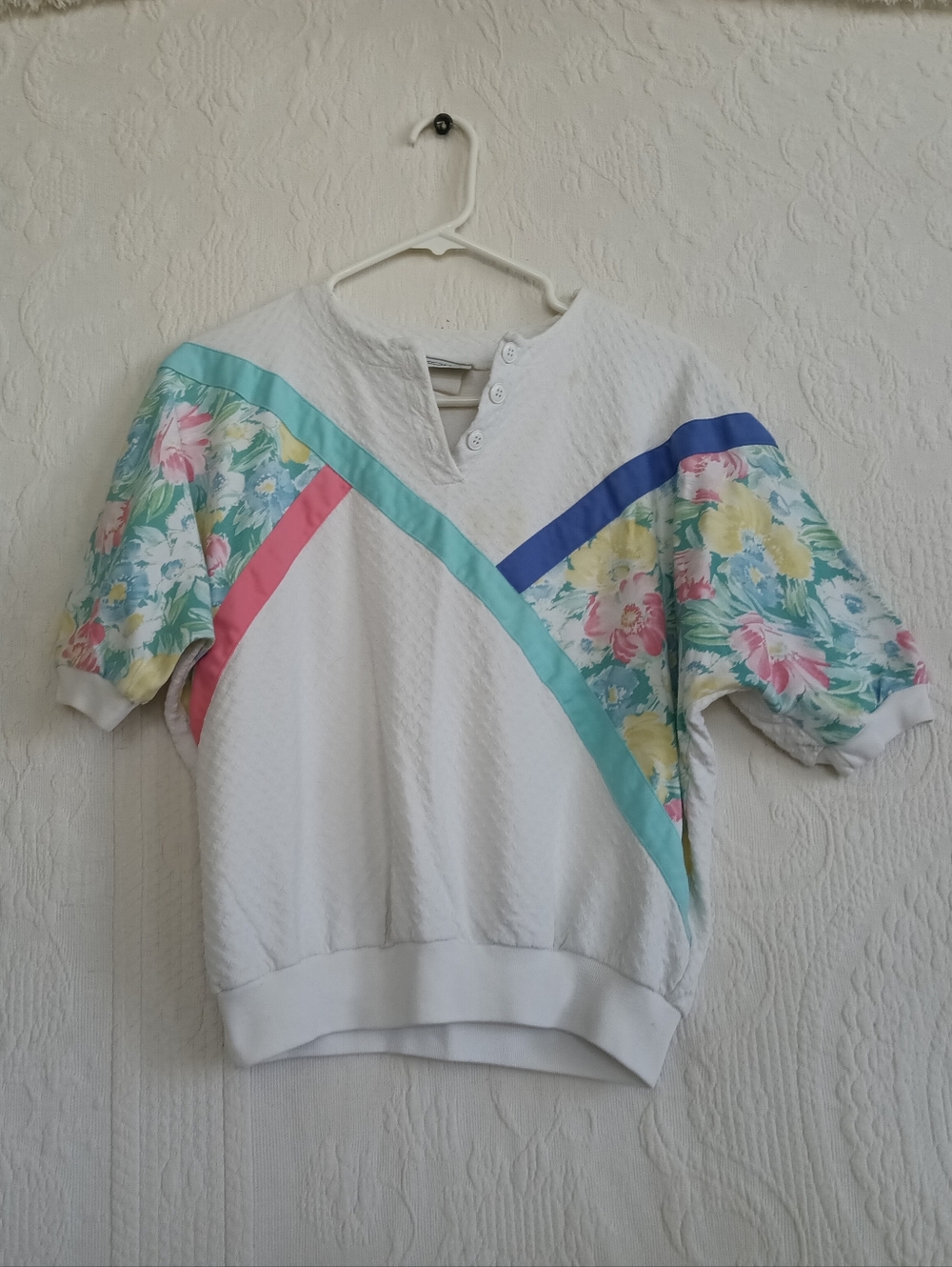 Koret White Floral Panel Colorblock Sweater Vintage Pastel Pink Blue Textured LG - Picture 12 of 12